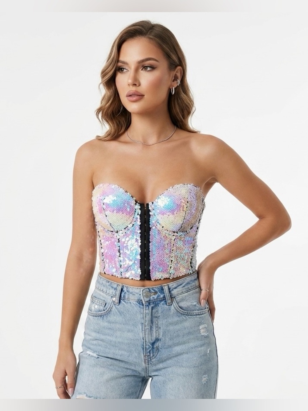 NWT KIKI RIKI Women's Iridescent Sequin Strapless Corset Bustier Size Medium